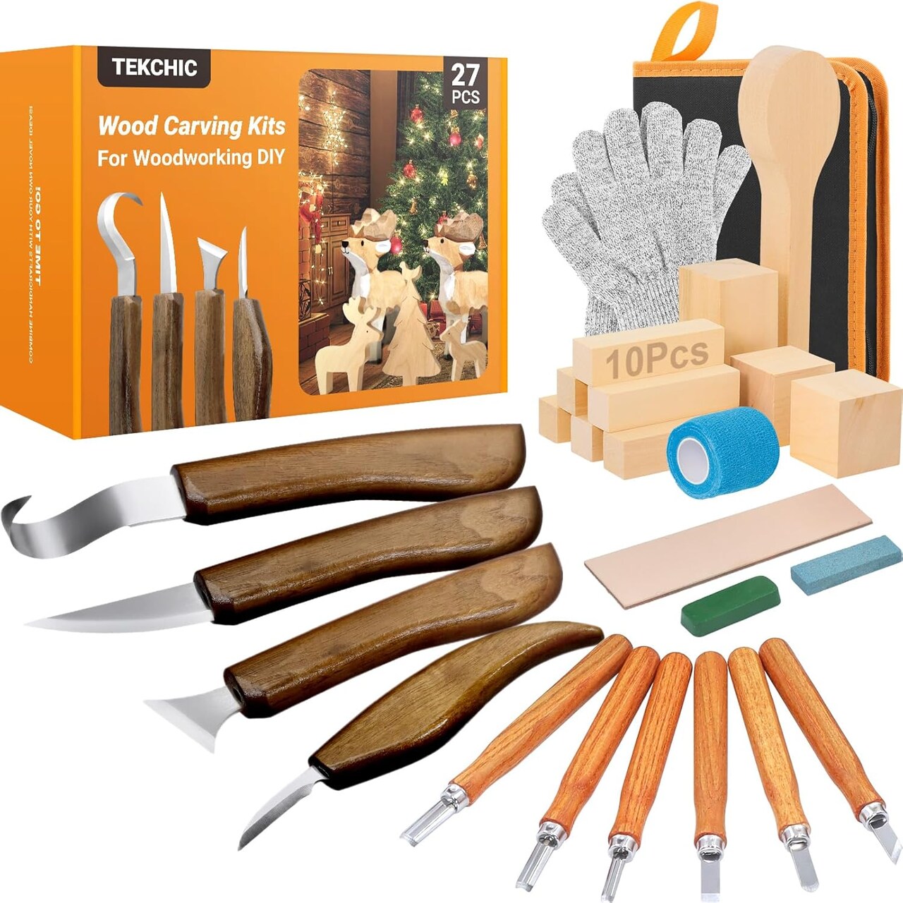 27-Piece Wood Carving & Whittling Kit – Complete Wood Carving Tools Set with 4 Knives, 6 Detail Carving Tools, Basswood Blocks & Safety Gear – Ideal Woodworking Gift for Beginners, Adults & Kids